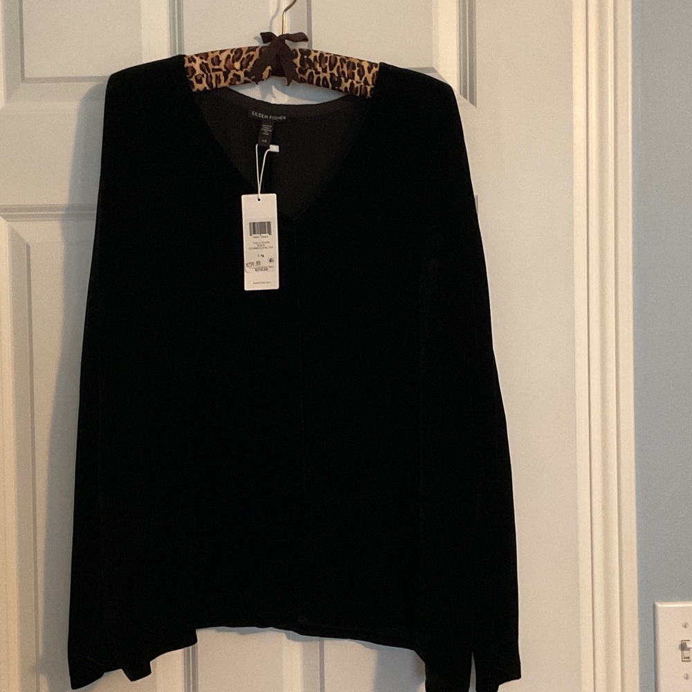 Eileen Fisher Classic Black V-Neck Velvet Top long sleeves